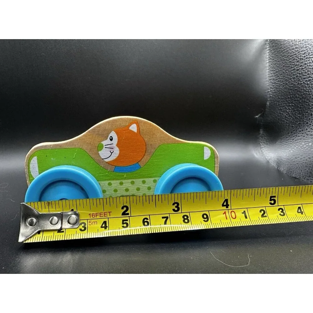 Melissa and Doug Stackable Car Wooden Toy orange‎ cat driver blue wheels 4”